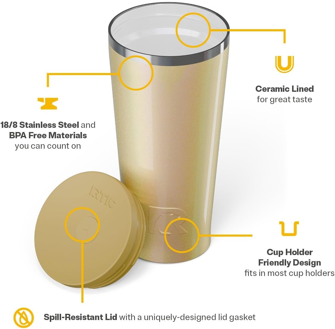 RTIC 20oz Everyday Tumbler Insulated Stainless Steel Portable Travel Coffee Cup with Straw, Ceramic Lining, Spill-Resistant Lid, BPA-Free, Hot and Cold Drink, Beach