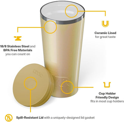 RTIC 20oz Everyday Tumbler Insulated Stainless Steel Portable Travel Coffee Cup with Straw, Ceramic Lining, Spill-Resistant Lid, BPA-Free, Hot and Cold Drink, Beach