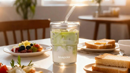 BLUEPOLAR 13oz/400ml Glass Water Tumbler with Straw and Lid Sealed Carry On Thick Wall Iced Coffee Cup Glass Cup for Water, Iced Tea Fruit Juice Etc (White-2Pack)