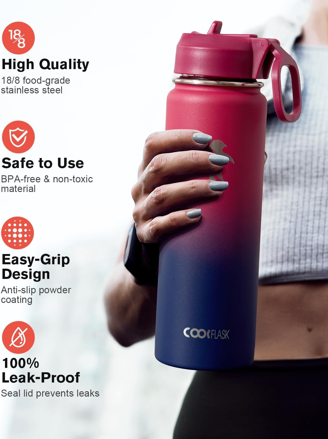 Half Gallon Water Bottle Insulated with Straw & 3 Lids, Coolflask 64 oz Water Jug Large Metal Stainless Steel Wide Mouth for Sports, Gym or Office, Non-BPA Keep Cold 48H Hot 24H, Samurai Cyan