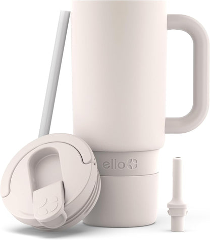 Ello Port 40oz Tumbler with Carry Loop & Integrated Handle, Vacuum Insulated Stainless Steel Reusable Water Bottle, Travel Mug with Leak Proof Lid & Straw, Perfect for Iced Coffee & Tea, White