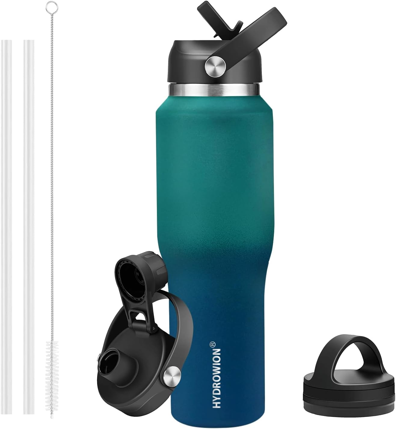 HYDROWION 32oz Stainless Steel Water Bottle(Cold for 48 Hrs, Hot for 24 Hrs),Double Wall Vacuum Insulated Water Bottle with Straw Lid, Spout Lid and Flex Cap, Fit in Any Car Cup Holder,Black
