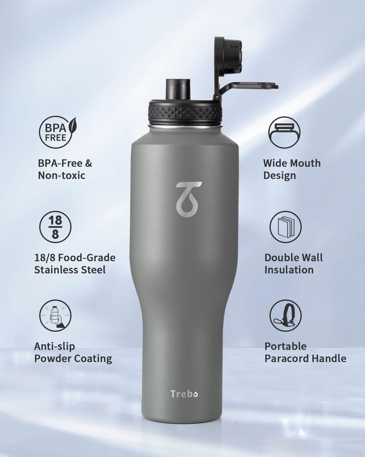 Trebo 40 oz Water Bottle Insulated Fit Car Cup Holder with Handle, Stainless Steel Water Bottles Tumbler with Spout Straw Lids, Double Wall Travel Reusable Flask, Leakproof Mug,Keep Cold &Hot,Black