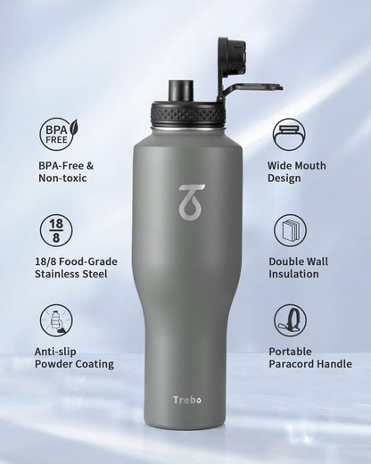 Trebo 40 oz Water Bottle Insulated Fit Car Cup Holder with Handle, Stainless Steel Water Bottles Tumbler with Spout Straw Lids, Double Wall Travel Reusable Flask, Leakproof Mug,Keep Cold &Hot,Black