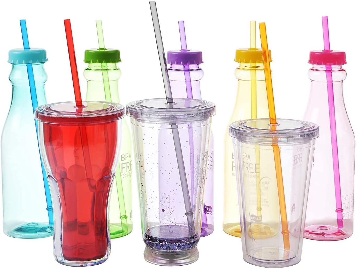 ALINK 10.5 in Long Reusable Plastic Straws with Brush, Tritan Hard Plastic Tumbler Straws, 10 Rainbow Colored Replacement Straw for 16 OZ 20 OZ 30 OZ Stanley, YETI, Starbucks Tumblers, Mason Jars