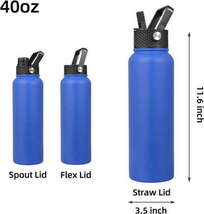 BJPKPK Insulated Water Bottles with Straw Lid, 40oz Stainless Steel Water Bottles with 3 Lids, BPA Free Leakproof Thermo, Tumblers, Cups for Sports, Gym- Midnight - Colors A