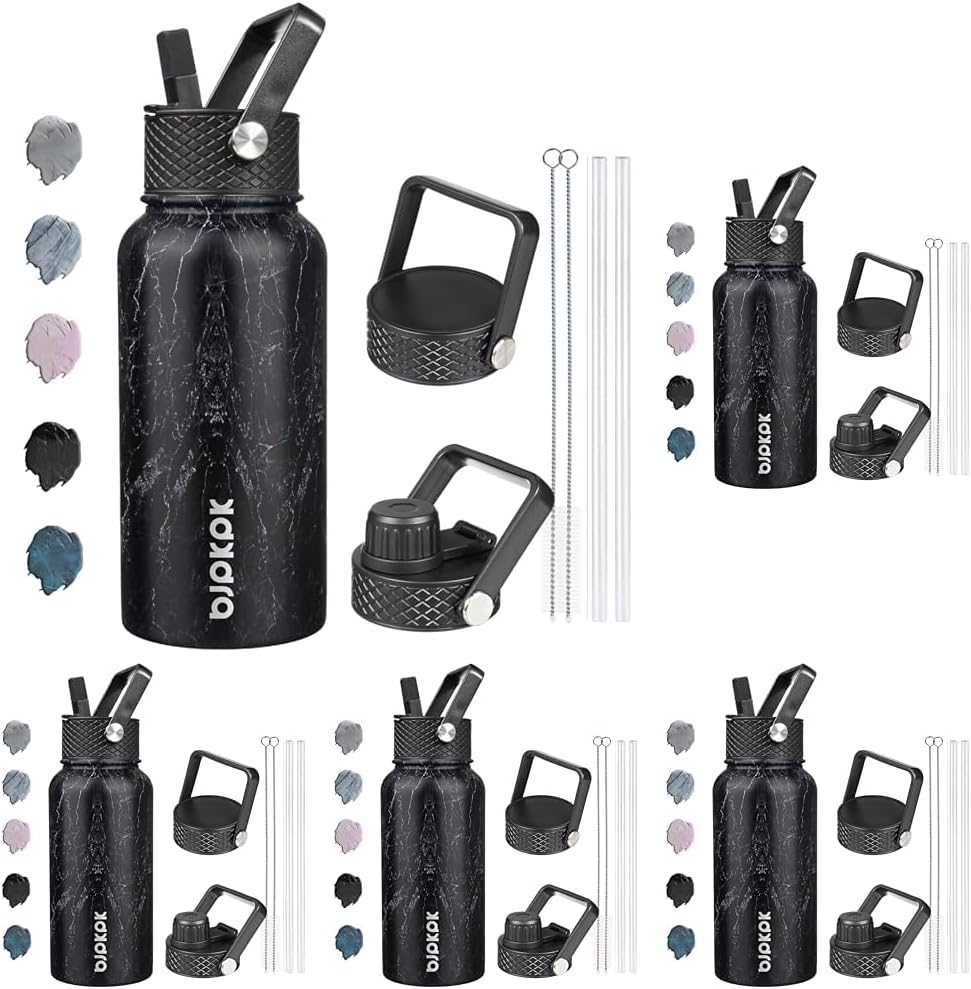 BJPKPK Insulated Water Bottles with Straw Lid, 40oz Stainless Steel Water Bottles with 3 Lids, BPA Free Leakproof Thermo, Tumblers, Cups for Sports, Gym- Midnight - Colors A