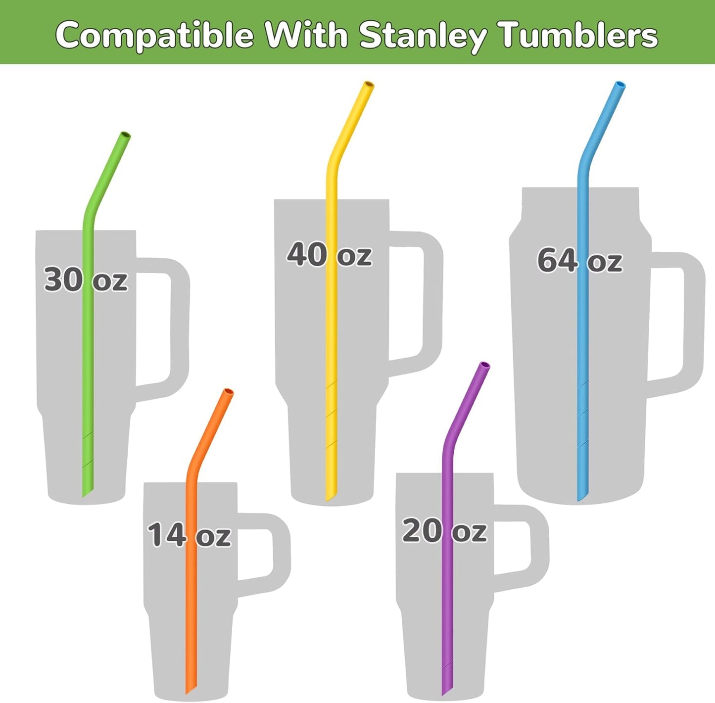 NiHome 14PCS Silicone Straws Fit for Stanley 40oz 30oz Tumbler, 14” Extra Long Reusable Drinking Straw, Flexible Can Cut Length for 1/Half Gallon 75 64 OZ Large Water Bottle - 2 Brushes (Rainbow)