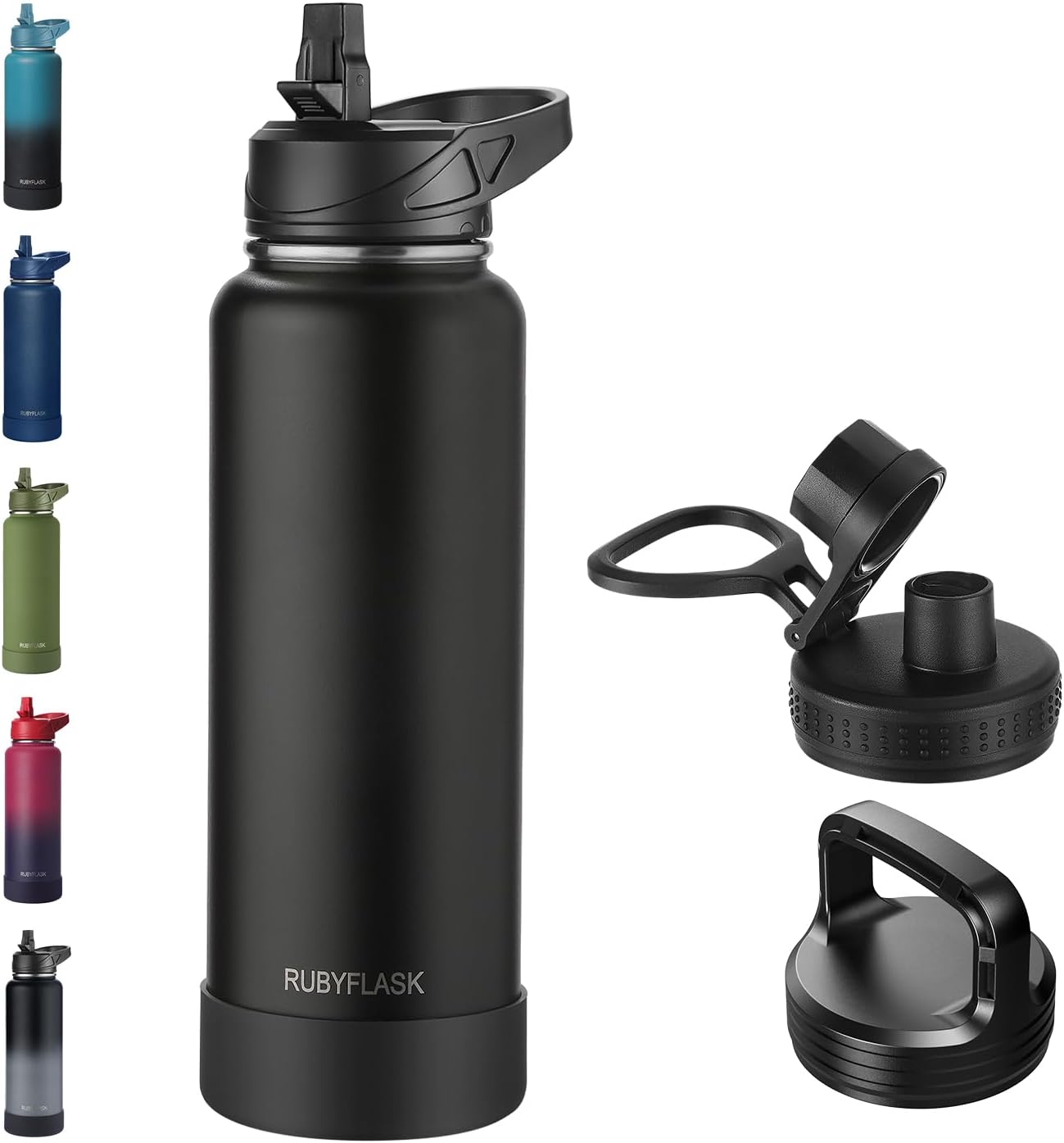 RUBYFLASK 32oz Insulated Water Bottle with Straw, Stainless Steel Metal Vacuum Water Flask, Large Thermal Water bottle with Leakproof 3 Lids for Travel, Camping, Gym Sports Indigo Black