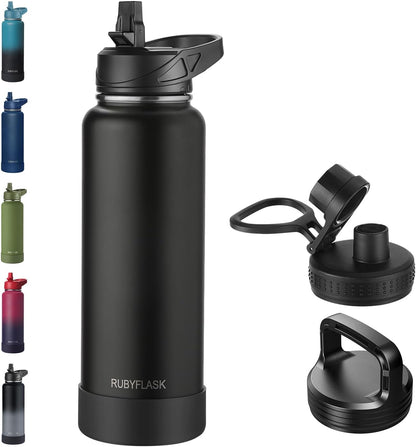 RUBYFLASK 32oz Insulated Water Bottle with Straw, Stainless Steel Metal Vacuum Water Flask, Large Thermal Water bottle with Leakproof 3 Lids for Travel, Camping, Gym Sports Indigo Black