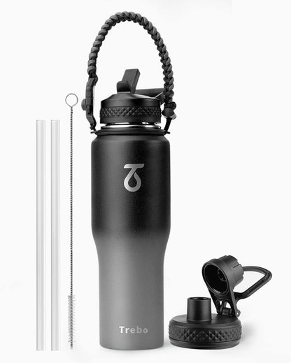 Trebo 40 oz Water Bottle Insulated Fit Car Cup Holder with Handle, Stainless Steel Water Bottles Tumbler with Spout Straw Lids, Double Wall Travel Reusable Flask, Leakproof Mug,Keep Cold &Hot,Black