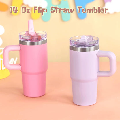 Cosictic 14 Oz Flip Straw Tumbler with Handle for Kids, Stainless Steel Double Wall Insulated Cup for Children with Flip Top Lid, 14 Oz Leak-proof Cups for Kids, Sky Blue and Purple