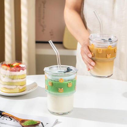 Olvini 13oz Glass Tumbler with Straw and Lid, Reusable Iced Coffee Cup Tumbler, Cute Glass Cups for Water, Matcha, Travel Coffee Mugs (Daisy)