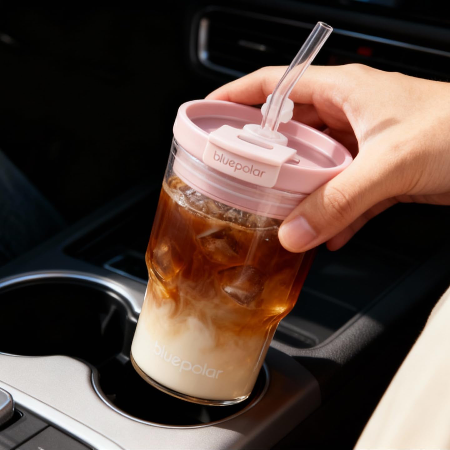 BLUEPOLAR Iced Coffee Glasses with Lids and Straws,Car Cup Holder Friendly, Leakproof Portable Tumblers for Cold Brew, Juice & Smoothie, Ideal for Travel, Office & Gym, BPA-Free (16oz-Pink)
