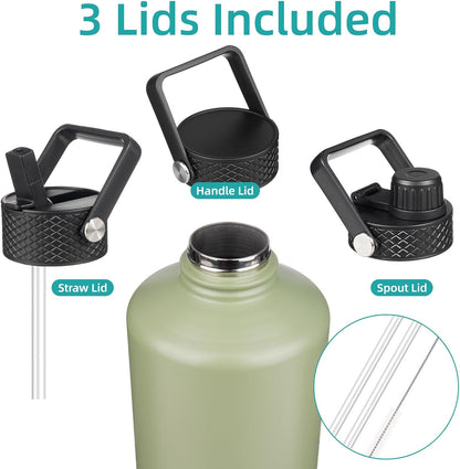 Konokyo 22oz Stainless Steel Bottles with 3 Lids Sport Insulated Water Bottle,Mint