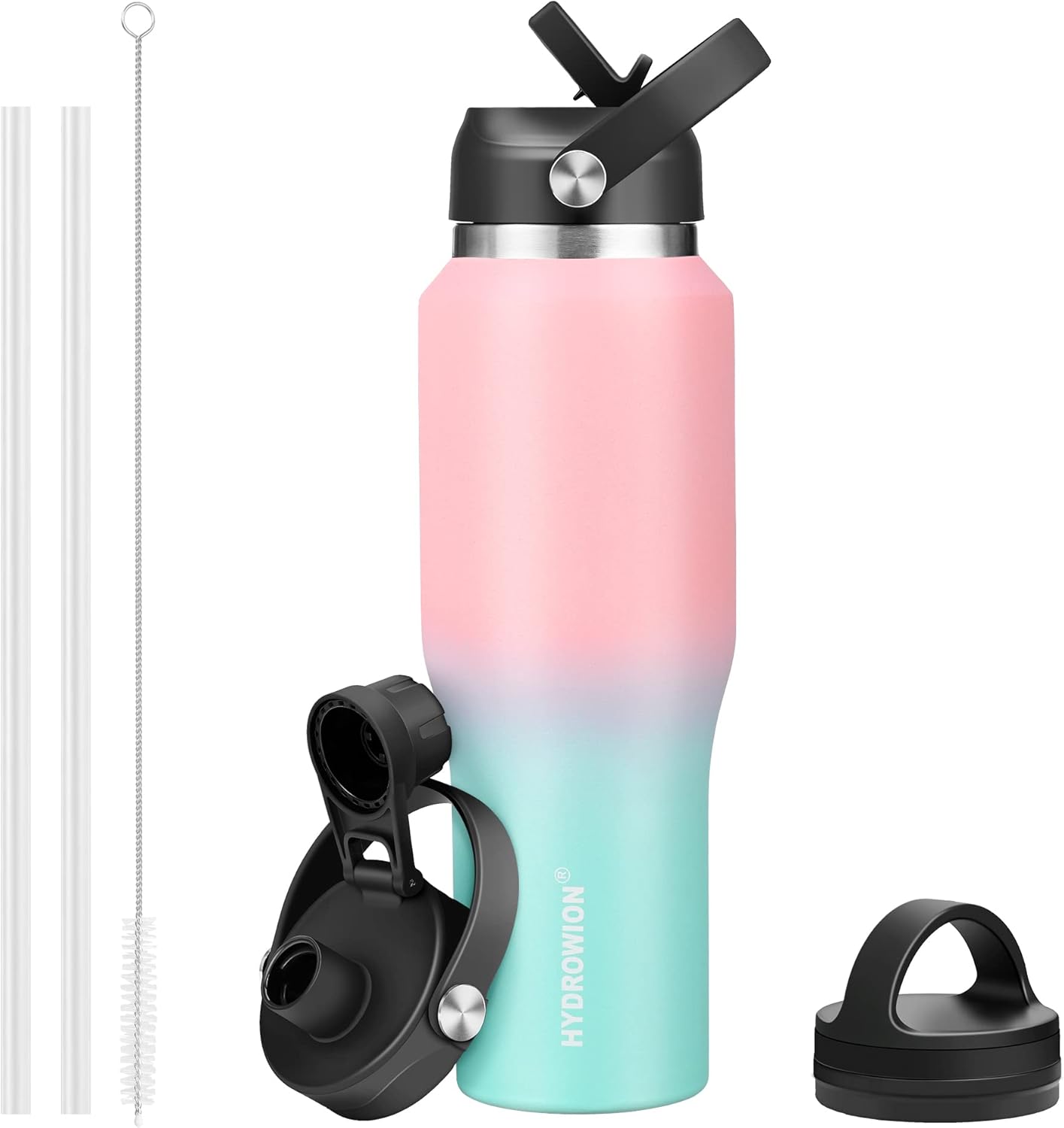 HYDROWION 32oz Stainless Steel Water Bottle(Cold for 48 Hrs, Hot for 24 Hrs),Double Wall Vacuum Insulated Water Bottle with Straw Lid, Spout Lid and Flex Cap, Fit in Any Car Cup Holder,Black