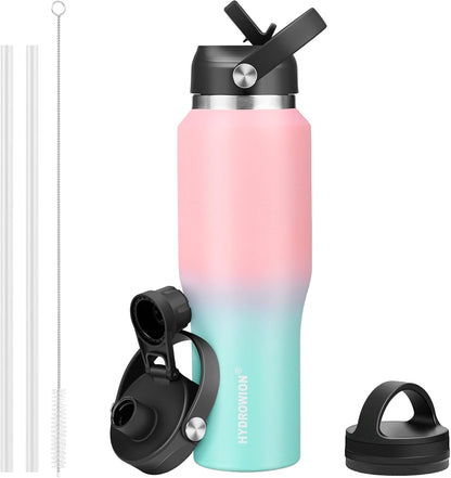 HYDROWION 32oz Stainless Steel Water Bottle(Cold for 48 Hrs, Hot for 24 Hrs),Double Wall Vacuum Insulated Water Bottle with Straw Lid, Spout Lid and Flex Cap, Fit in Any Car Cup Holder,Black