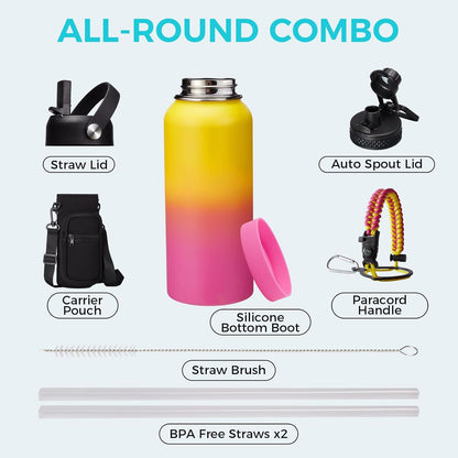 32/40/64OZ Insulated Water Bottle - Keep Cold 48H Hot 24H, Combo Straw/Spout Lids, Paracord Handle for Gym/Hiking, Carrier Bag +Strap, Cup Mat, BPA-Free Stainless Steel Flask Jug