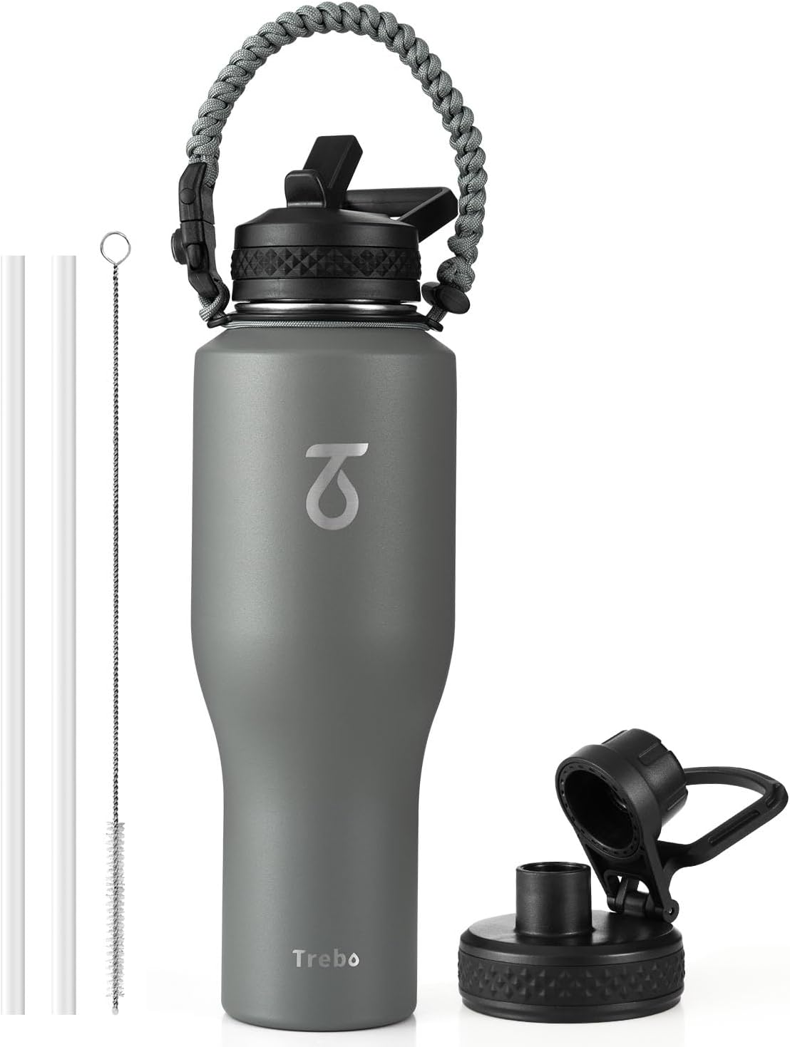 Trebo 40 oz Water Bottle Insulated Fit Car Cup Holder with Handle, Stainless Steel Water Bottles Tumbler with Spout Straw Lids, Double Wall Travel Reusable Flask, Leakproof Mug,Keep Cold &Hot,Black