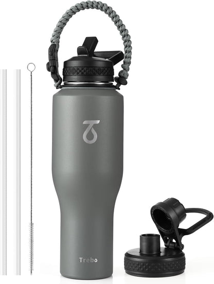 Trebo 40 oz Water Bottle Insulated Fit Car Cup Holder with Handle, Stainless Steel Water Bottles Tumbler with Spout Straw Lids, Double Wall Travel Reusable Flask, Leakproof Mug,Keep Cold &Hot,Black