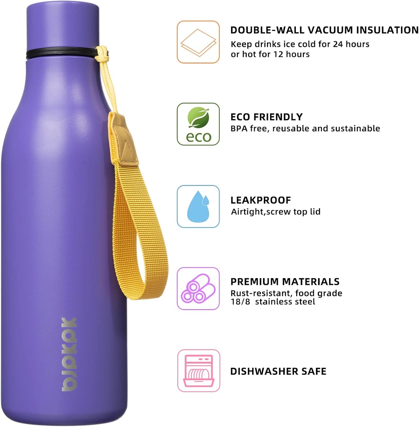 BJPKPK Insulated Water Bottles, 18 oz Stainless Steel Metal Water Bottle with Strap, BPA Free Leak Proof Jugs, Mugs, Flasks, Reusable Thermal Flasks for Sports & Travel, Black - Colors A