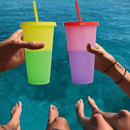 Color Changing Cups, 5 Pack 24oz Plastic Tumblers, Reusable Iced Coffee & Smoothie Cups with Lids and Straws for Parties and Travel