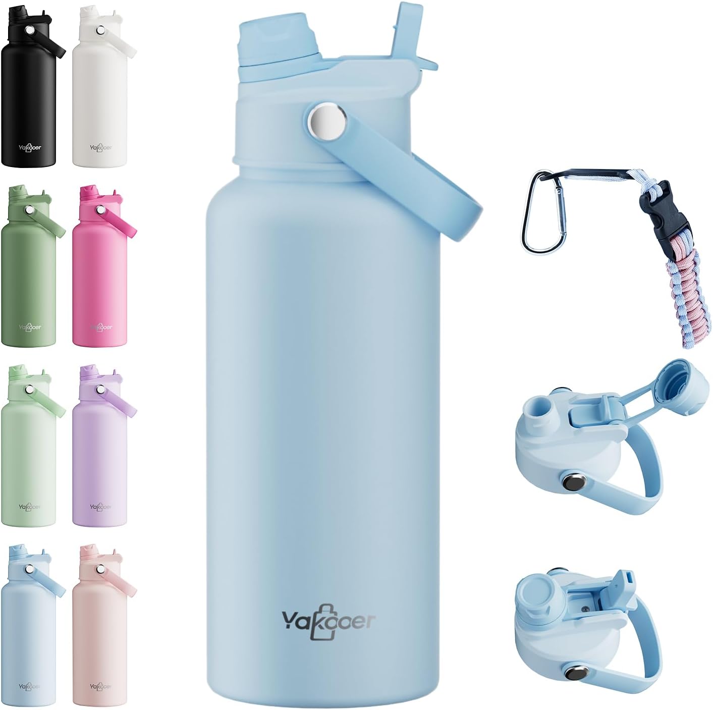 26oz Insulated Water Bottle with 2-in-1 Straw and Spout Lid, 304 Stainless Steel Water Bottle Keep Cold for 24H,Leak-Proof,Sports Water Bottle with Braided Carry Strap for Gym,Travel,Outdoors,Black