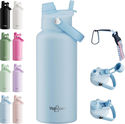 26oz Insulated Water Bottle with 2-in-1 Straw and Spout Lid, 304 Stainless Steel Water Bottle Keep Cold for 24H,Leak-Proof,Sports Water Bottle with Braided Carry Strap for Gym,Travel,Outdoors,Black