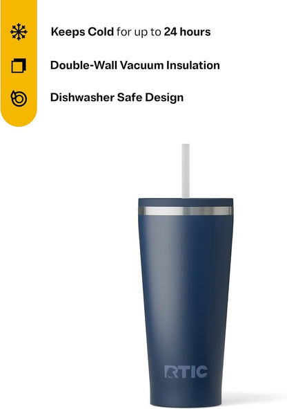 RTIC 20oz Everyday Tumbler Insulated Stainless Steel Portable Travel Coffee Cup with Straw, Ceramic Lining, Spill-Resistant Lid, BPA-Free, Hot and Cold Drink, Beach