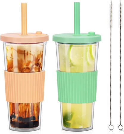 2 Pack Reusable Boba Tea Cups, 24oz Iced Coffee Cup with Straw and Lid, Leakproof Clear Plastic Cups Tumbler, Double Wall Insulated Smoothie Tumbler, Wide Straw for Bubble Tea, Black and White