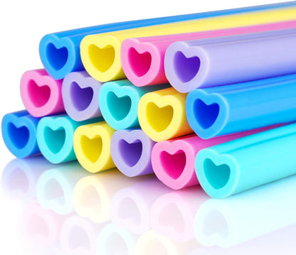 Tomorotec 15PCS Heart Shaped Silicone Straws Fit for Stanley 40oz 30oz 20oz Tumbler, 12.2 Inch Reusable Silicone Drinking Straws Fit for Stanley Cups, Customizable for Various Drinkware w/ 2 Brushes