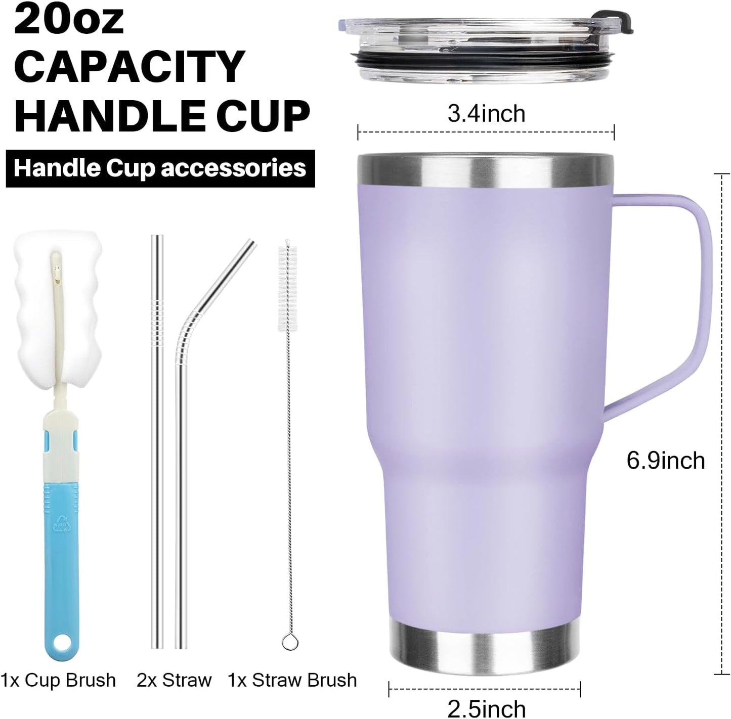 20 oz Tumbler with Handle, Stainless Steel Insulated Tumbler with Lid and Straw, Double Wall Vacuum Coffee Mug Tumbler, Insulated Coffee Thermal Cup for Cold and Hot (Light Purple)