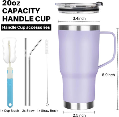 20 oz Tumbler with Handle, Stainless Steel Insulated Tumbler with Lid and Straw, Double Wall Vacuum Coffee Mug Tumbler, Insulated Coffee Thermal Cup for Cold and Hot (Light Purple)