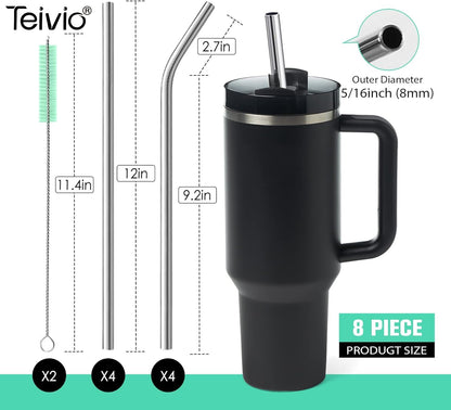 Teivio 8 Piece 5/16 inch (8mm) Wide Stainless Steel Straws for 40 oz Tumbler with Handle, 12 Inch Long Reusable Metal Drinking Straws, Replacement Straws with Silicone Tips & Cleaning Brush, Silver