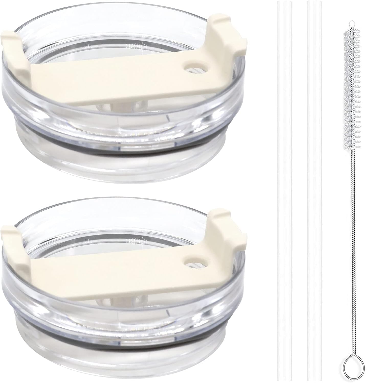 40oz Tumbler Lid Compatible for Stanley, 2 Pack Replacement Tumbler Lids Fit for Stanley Adventure Quencher 40oz Travel Tumbler with Plastic Straws and Cleaning Brush - Cream