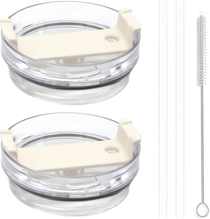 40oz Tumbler Lid Compatible for Stanley, 2 Pack Replacement Tumbler Lids Fit for Stanley Adventure Quencher 40oz Travel Tumbler with Plastic Straws and Cleaning Brush - Cream