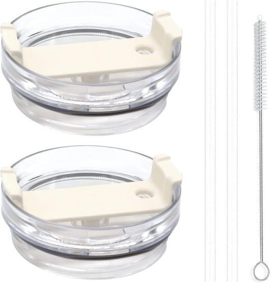 40oz Tumbler Lid Compatible for Stanley, 2 Pack Replacement Tumbler Lids Fit for Stanley Adventure Quencher 40oz Travel Tumbler with Plastic Straws and Cleaning Brush - Cream