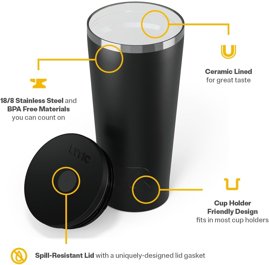 RTIC 20oz Everyday Tumbler Insulated Stainless Steel Portable Travel Coffee Cup with Straw, Ceramic Lining, Spill-Resistant Lid, BPA-Free, Hot and Cold Drink, Beach