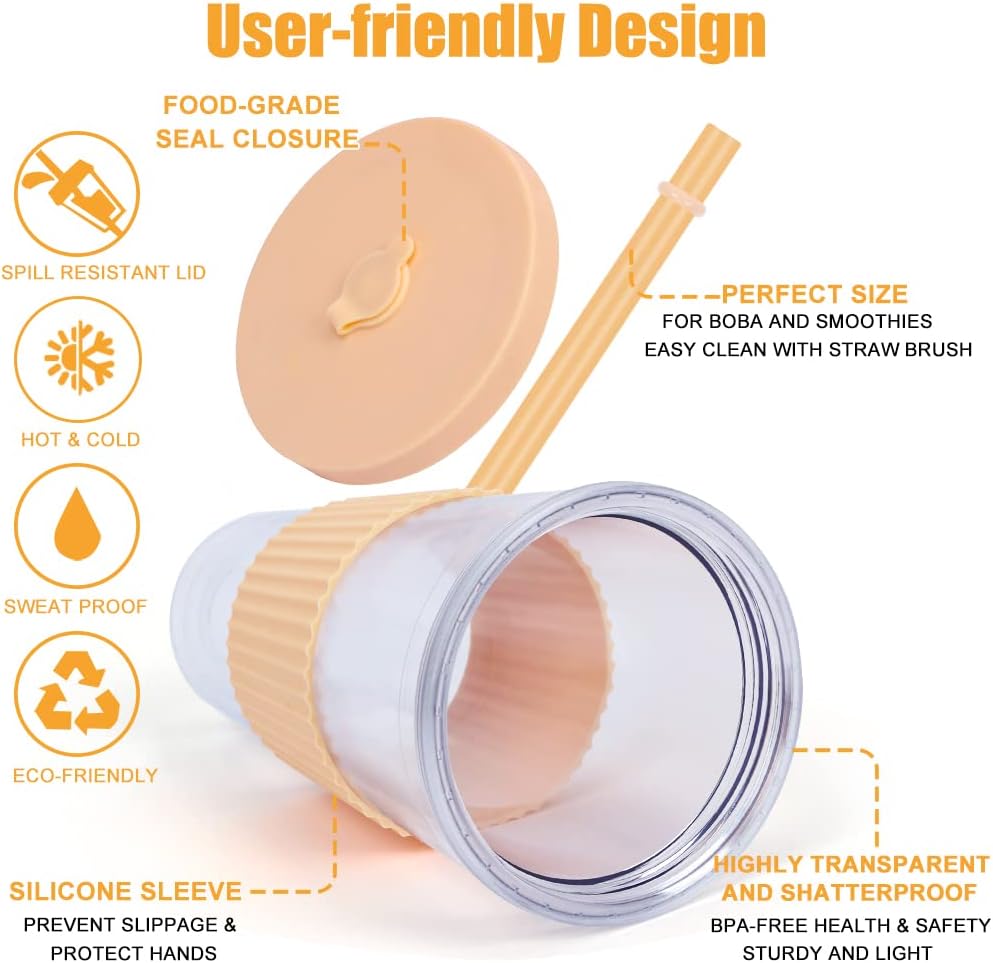 2 Pack Reusable Boba Tea Cups, 24oz Iced Coffee Cup with Straw and Lid, Leakproof Clear Plastic Cups Tumbler, Double Wall Insulated Smoothie Tumbler, Wide Straw for Bubble Tea, Black and White