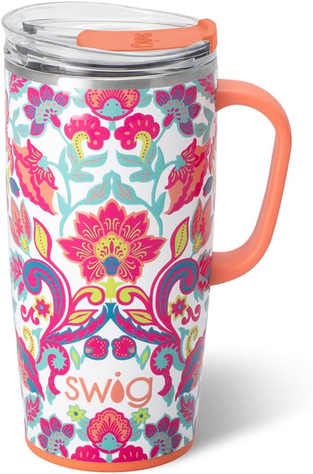 Swig Life 18oz Travel Mug, Insulated Tumbler with Handle and Lid, Cup Holder Friendly, Dishwasher Safe, Stainless Steel, Travel Coffee Cup (Honey Meadow)