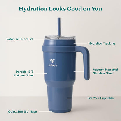 REDUCE 24 oz Stainless Steel Tumbler with Handle - Dual-Wall Vacuum Insulated Travel Mug, Sweat-Proof Lid & Reusable Straw - Keeps Drinks Cold for 24 Hrs, Fits Cupholders, Dishwasher Safe - Lilac Bud