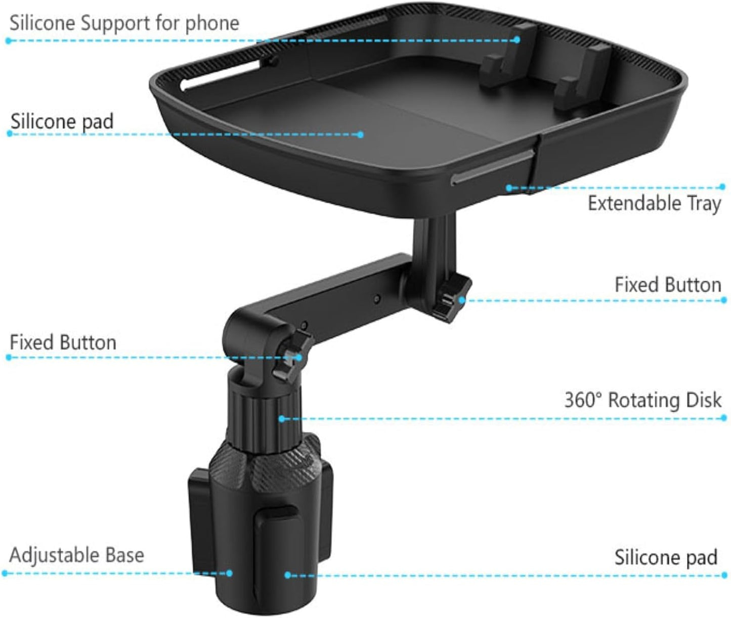 Kelofam Larger Cup Holder Tray, 10 inch Car Food Tray for Eating, Detachable 3 in 1 Car Cup Holder Expander and 360° Rotating Car Cup Holder Tray Table with Phone Holder, Road Trip Essentials