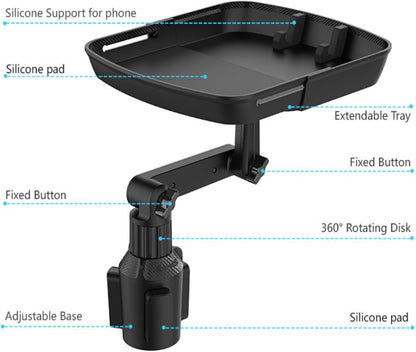 Kelofam Larger Cup Holder Tray, 10 inch Car Food Tray for Eating, Detachable 3 in 1 Car Cup Holder Expander and 360° Rotating Car Cup Holder Tray Table with Phone Holder, Road Trip Essentials