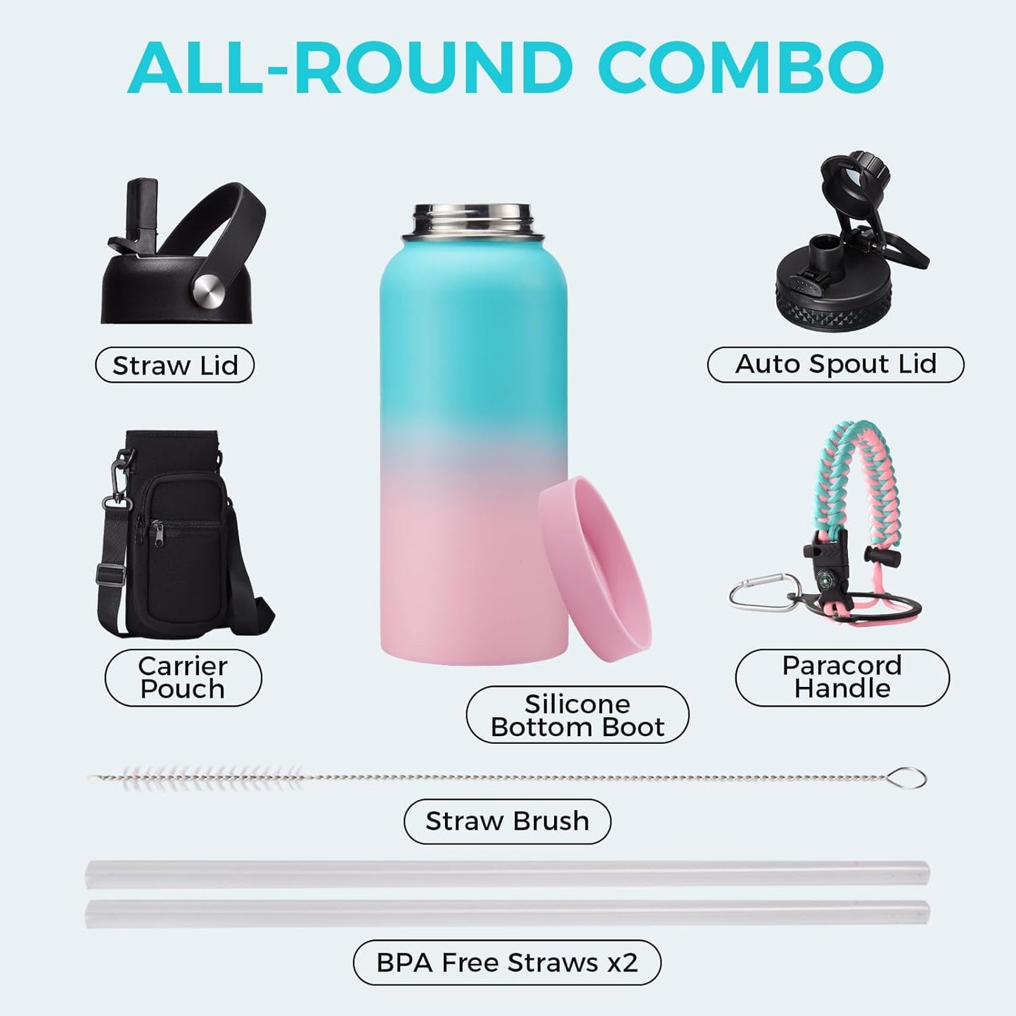 32/40/64OZ Insulated Water Bottle - Keep Cold 48H Hot 24H, Combo Straw/Spout Lids, Paracord Handle for Gym/Hiking, Carrier Bag +Strap, Cup Mat, BPA-Free Stainless Steel Flask Jug