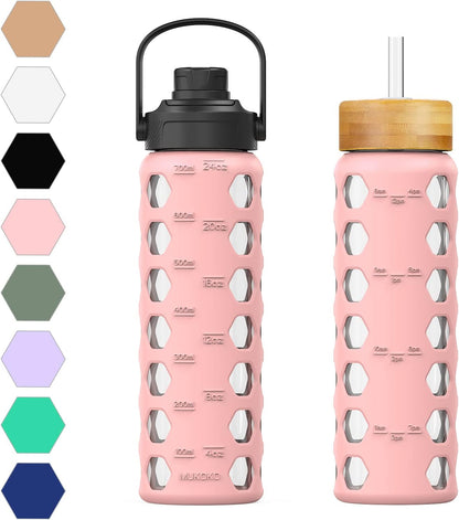 MUKOKO Glass Water Bottles, 32oz Glass Tumbler with Straw, Drinking Bottles with 2 Lids-Handle Spout Lid&Bamboo Straw Lid, Motivational Water Bottle with Time Marker and Silicone Sleeve, 1 Pack-Olive