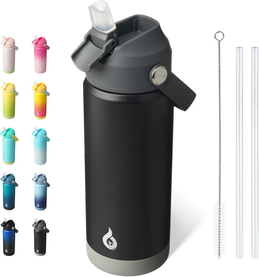 BJPKPK Insulated Water Bottle with Straw Lid, 18oz Thermo Water Bottles with Soft Nozzle, Flex Handle & Non-slip Boot, BPA Free Leak Proof Stainless Steel Metal Thermo, Tumblers, Cups,Sea Salt
