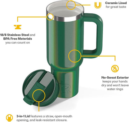 RTIC 30 oz Road Trip Tumbler Double-Walled Ceramic Lined InsulatedStainless Steel Portable Travel Coffee Mug Cup with Lid, Handle and Straw, Periwinkle Bouquet
