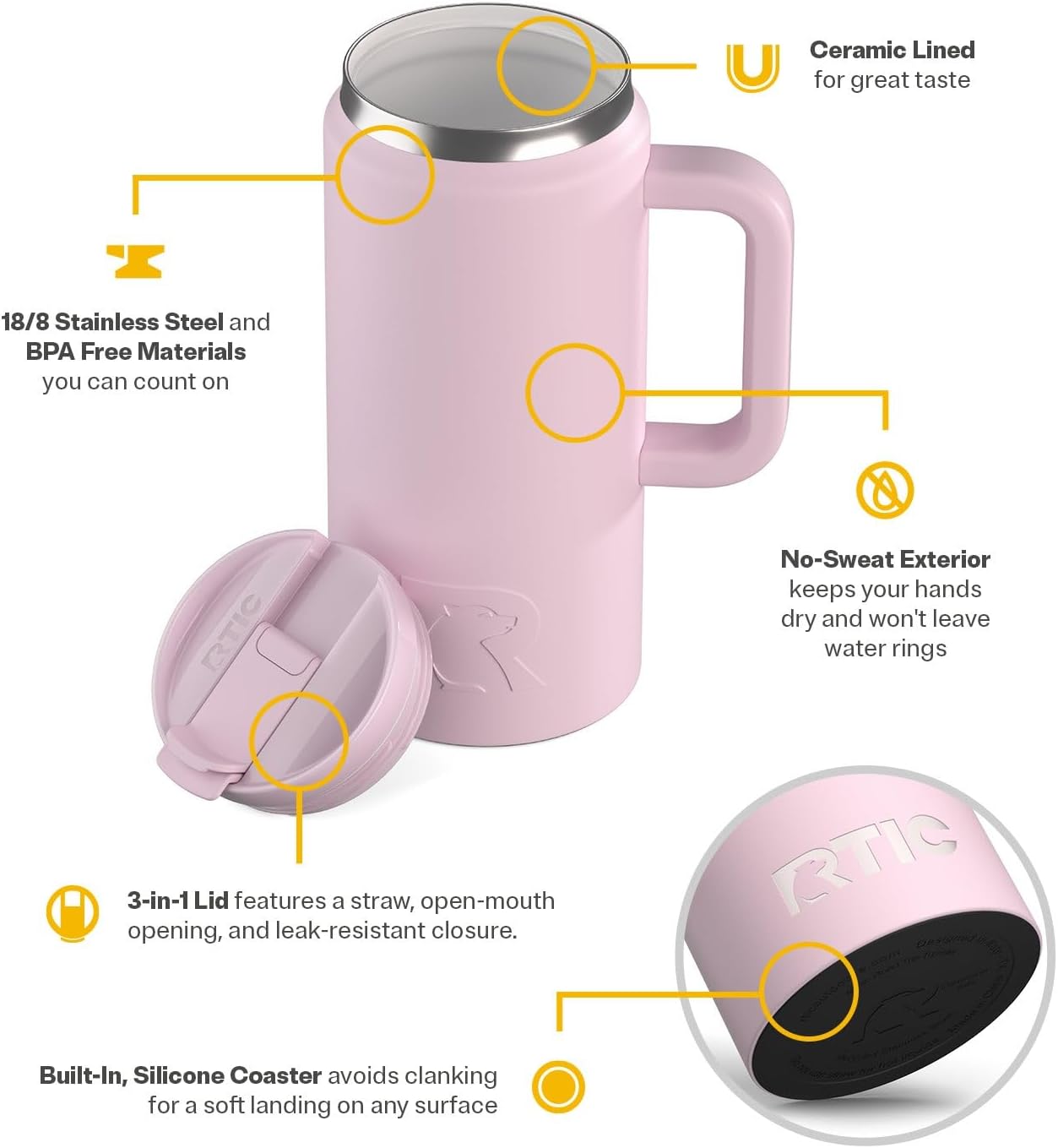 RTIC 64oz Road Trip Tumbler with Handle, Lid and Straw, Ceramic Lined, Insulated, Stainless Steel, Double Wall Vacuum-Insulation, Travel Cup, Cool Grey
