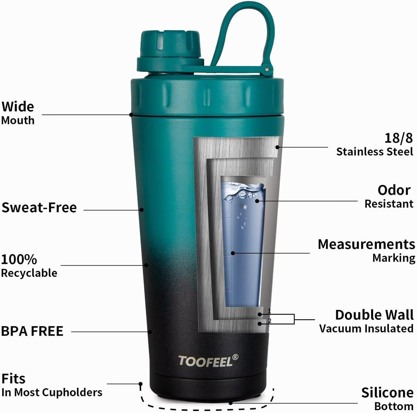 TOOFEEL Protein Shaker Bottle 20 oz - Double Walled Insulated Vacuum Cup for Protein Shakes, Keeps Cold/Hot, Metal Stainless Steel, Preworkout Gym