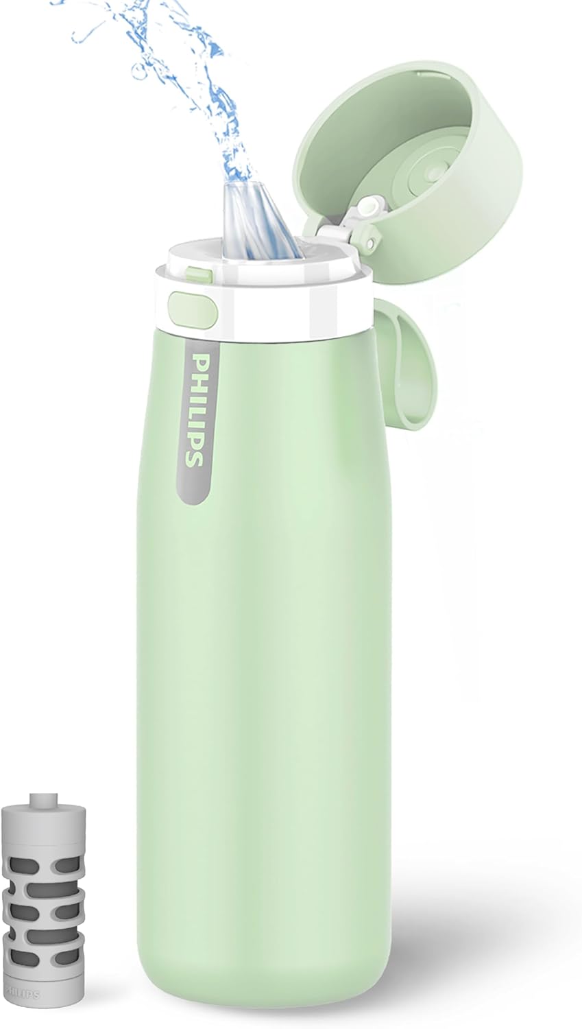 PHILIPS Water Bottle with Filter, Filter Water Bottle Stainless Steel with GoZero Everyday BPA-Free Tap Water Filter, Water Filter Bottle Keep Drink Cold 24 Hours, 1 Filter for 40 gal / 2 Months